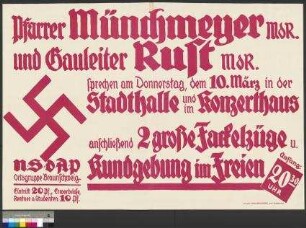 Plakat der NSDAP zu einer öffentlichen Parteiveranstaltung mit zwei Fackelzügen und einer Wahlkundgebung am 10. März 1932 in Braunschweig