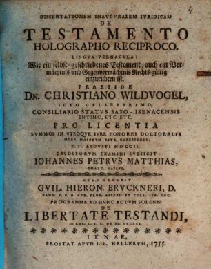 Diss. inaug. iur. de testamento holographo reciproco