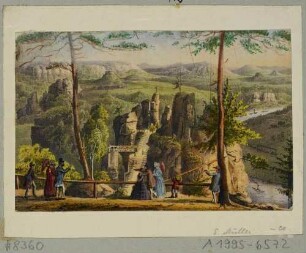 Aussicht von der Bastei bei Rathen in der Sächsischen Schweiz, Blick auf die Brücke, im Hintergrund Königstein und Lilienstein