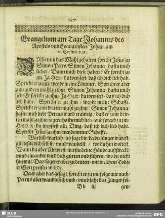 Evangelium am Tage Johannis des Apostels und Evangelisten, Johan. am 21. Capitul. v. 15.