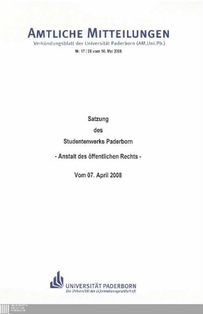 Satzung des Studentenwerks Paderborn - Anstalt des öffentlichen Rechts - : vom 07. April 2008