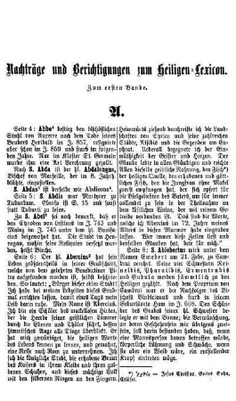 Nachträge und Berichtigungen zum Heiligen-Lexicon. Zum ersten Bande