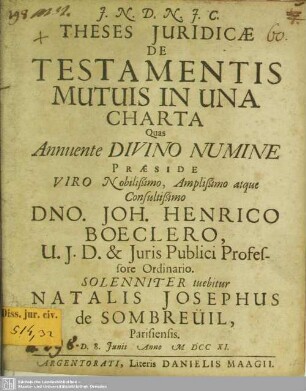 Theses Juridicae De Testamentis Mutuis In Una Charta