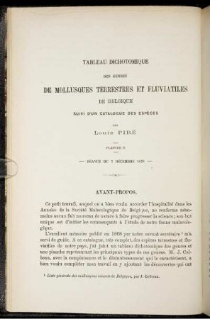 Tableau dichotomique des genres de mollusques terrestres et fluviatiles de Belgique (planche II)