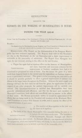 Resolution reviewing the reports on the working of municipalities in Burma during the year 1907-08