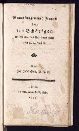 Bemerkungen und Fragen über ein Schärfgen auf den Altar des Vaterlandes gelegt von H. H. Füßli