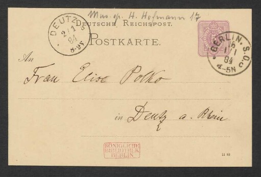 Postkarte an Elise Polko : 01.01.1884