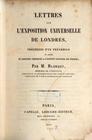 Lettres sur l'exposition universelle de Londres