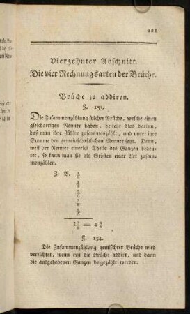 121-143, Vierzehnter Abschnitt. Die vier Rechnungsarten der Brüche, § 153 - 172