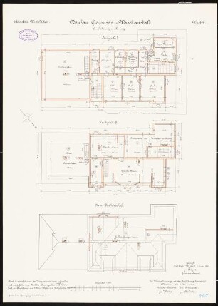 Artilleriekaserne, Wiesbaden Waschanstalt: Grundriss Obergeschoss, unteres und oberes Dachgeschoss 1:100