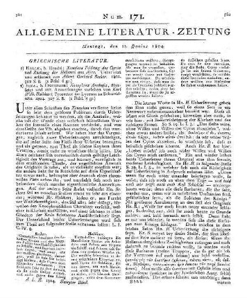 [Sammelrezension zweier Übersetzungen Xenophons] Rezensiert werden: 1. Xenophon: Feldzug des Cyrus und Rückzug der Hellenen aus Asien. Uebersetzt und erläutert von A. G. Becker. Halle: Hendel 1802 2. Xenophon: Anabasis. Übersetzt und mit Anmerkungen versehen von K. W. Halbkart. Jena: Frommann 1804