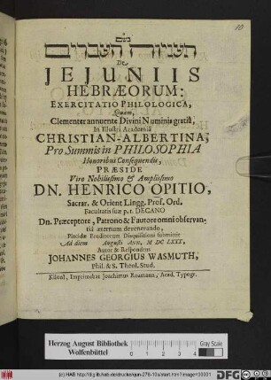 [...] De Ieiuniis Hebraeorum: Exercitatio Philologica
