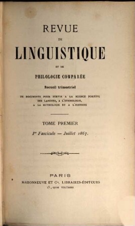 Revue de linguistique et de philologie comparée : recueil trimestriel. 1, 1. 1867/68