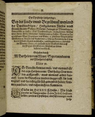 Ein Christliche Leichpredigt: Bey der Leiche unnd Begräbnuß weyland der Durchleuchtigen/ Hochgebornen Fürstin unnd Frawen/ Frawen Sabina/ Geborner Hertzogin zu Wirtenberg/ u. Landtgrävin zu Hessen [...]