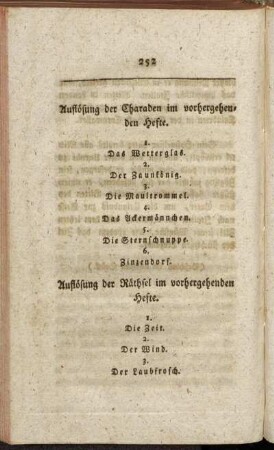Auflösung der Charaden im vorhergehenden Hefte. - Auflösung der Räthsel[...] - Charaden. - Räthsel.