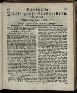 Sonnabends: den 24. Junii 1774.