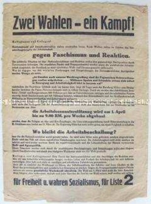 Propagandaflugblatt des ADGB zur Betriebsratswahl im März 1933 mit scharfer Abgrenzung gegenüber NSDAP-Betriebszellen und RGO