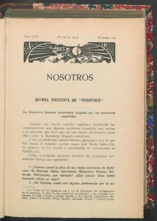 Quinta encuesta de "Nosotros" : La literatura hispano-americana juzgada por los escritores españoles