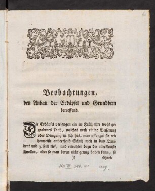 1-7, Beobachtungen, den Anbau der Erdäpfel und Grundbirn betreffend.