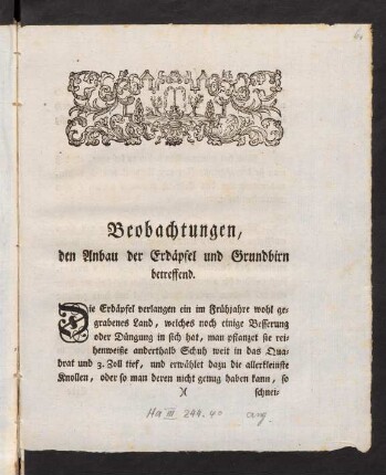 1-7, Beobachtungen, den Anbau der Erdäpfel und Grundbirn betreffend.
