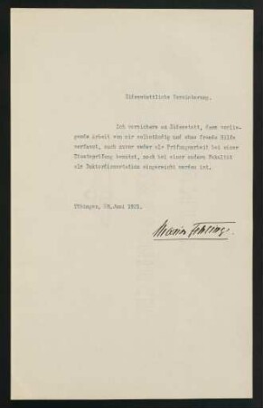Eidesstattliche Versicherung 28.6.1921