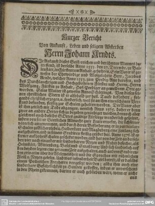 Kurzer Bericht Von Ankunft, Leben und seligen Absterben Herrn Johann Arndts