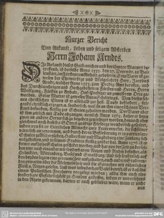 Kurzer Bericht Von Ankunft, Leben und seligen Absterben Herrn Johann Arndts