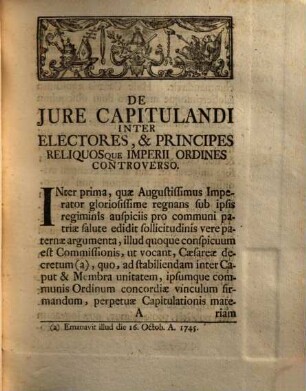 Dissertatio inauguralis historico-publica de iure capitulandi inter Sacri Romani Imperii electores et principes controverso