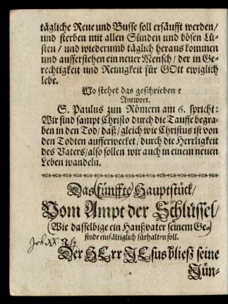 Das fünffte Hauptstück Vom Ampt der Schlüssel/ Wie dasselbige ein Haußvater seinem Gesinde einfältiglich fürhalten soll.