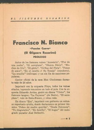 Francisco N. Bianco : "Pancho Cueva" (El Gilguero rosarino) Prólogo