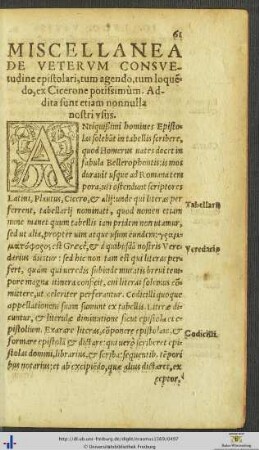 Miscellanea De Veterum Consuetudine epistolari ex Cicerone