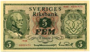 Geldschein, 5 Kronor, 1948