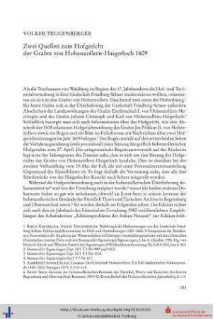Zwei Quellen zum Hofgericht der Grafen von Hohenzollern-Haigerloch 1609