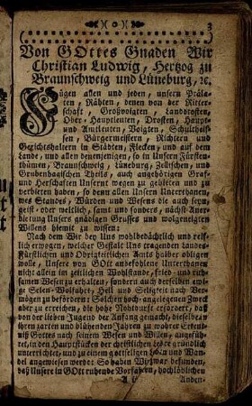 Von Gottes Gnaden Wir Christian Ludwig, Hertzog zu Braunschweig und Lüneburg, [etc.]