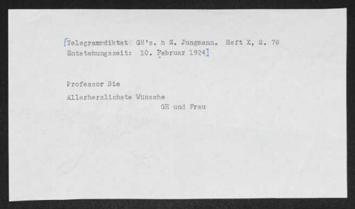 Brief von Gerhart Hauptmann und Margarete Hauptmann an Oscar Bie