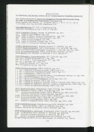 Register der Hochschulen, FB, Seminare, Institute ...