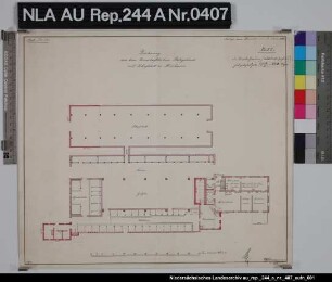 Grundriß vom Platzgebäude und Schafstall der Domäne Meerhusen im Forstort MEERHUSEN Kolorierte Zeichnung von Schwägermann Papier Format 40,2x34,8 M 1:230