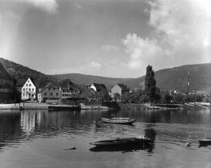 Neckargemünd. Stadtteilansicht mit Bootsanlegestelle. Blick über den Neckar