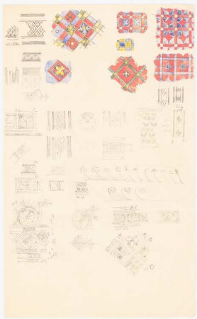Ornamentdetails: Zahlreiche Details geometrischer Felder- und Rankenornamente, Friese (Fußbodendekor, Fliesen?), z.T. mit Farbangaben