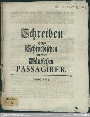 Schreiben Eines Schwedischen an einen Dänischen Passagirer