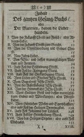Inhalt Des gantzen Gesang-Buchs/ oder Der Materien, davon die Lieder handeln.