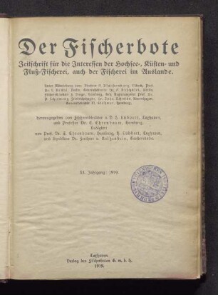 11.1919: Der Fischerbote : norddt. Fischerei-Zeitung ; Zeitschr. für d. Interessen d. Hochsee-, Küsten- u. Fluß-Fischerei, d. Fischhandels u. d. Fischindustrie