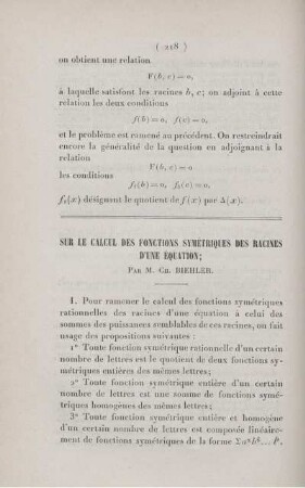 Sur le calcul des fonctions symétriques des racines d'une équation.