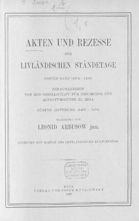 Akten und Recesse der livländischen Ständetage, 1. Band. (1450-1454)