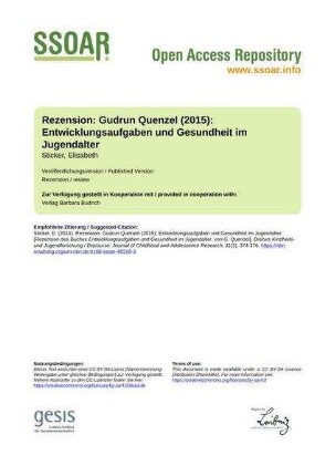 Rezension: Gudrun Quenzel (2015): Entwicklungsaufgaben und Gesundheit im
Jugendalter