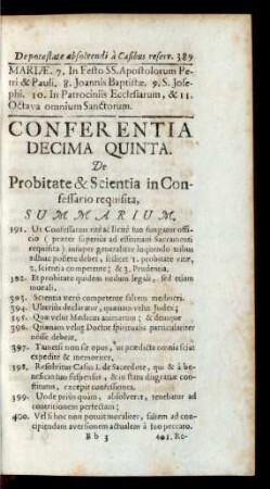 Conferentia Decima Quinta. De Probitate & Scientia in Confessario requisita