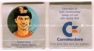 Streichholzbriefchen des Commodore-Fan-Clubs mit Aufkleber von Reinhold Mathy vom F.C. Bayern München