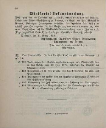 40. Ministerial-Bekanntmachung, den Wechsel in der Hauptagentur der "Urania", Aktien-Gesellschaft für Kranken-, Unfall- und Lebens-Versicherung zu Dresden betreffend