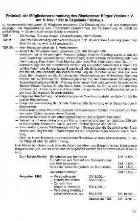Protokoll der Mitgliederversammlung des Blankeneser Bürger-Veriens e.V. am 8. Nov. 1989 in Sagebiels Fährhaus