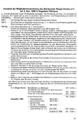 Protokoll der Mitgliederversammlung des Blankeneser Bürger-Veriens e.V. am 8. Nov. 1989 in Sagebiels Fährhaus